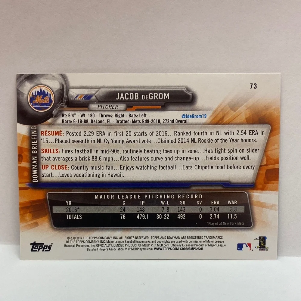 2017 Bowman Jacob DeGrom Mets #73 (067)